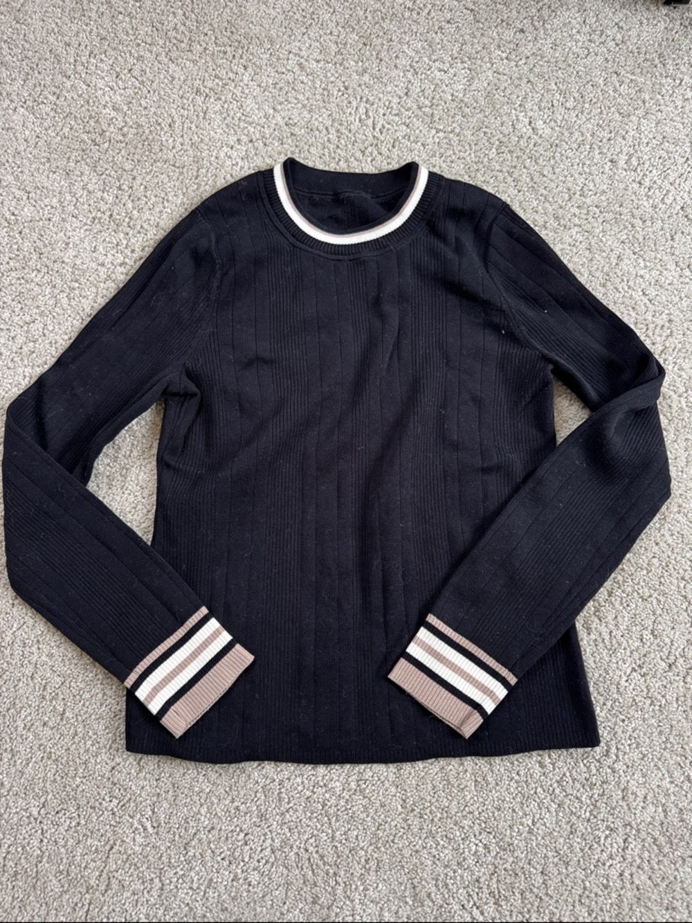 LULULEMON Black White Tan Varsity Stripe Knit Crewneck Sweater 4/XS